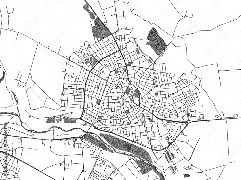 Naklejka premium Detailed artistic sketch map of BUL, Pazardzhik, in monochrome black and white.