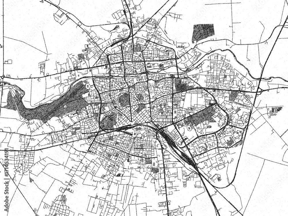 Naklejka premium Stylized black and white urban map of BUL, Plovdiv, hand-drawn for decor and creative use.