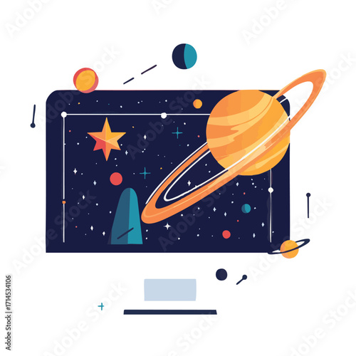 A computer screen displays a vibrant, stylized illustration of space, featuring planets, stars, and rings