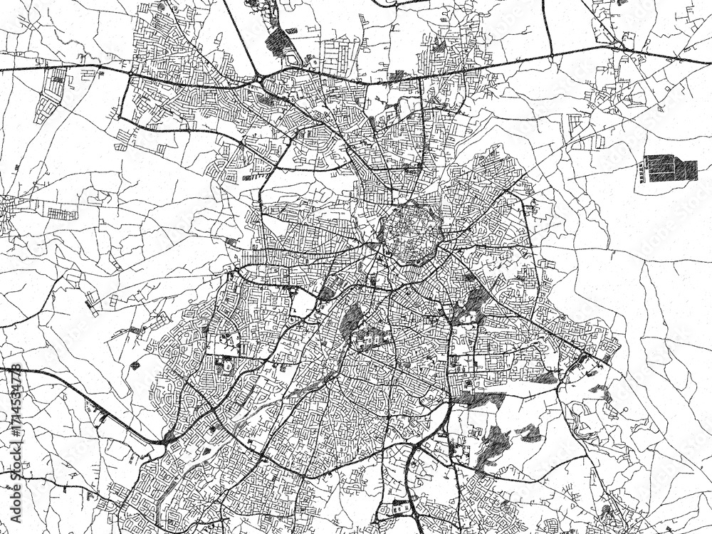 Fototapeta premium Hand-drawn style black and white city map of Nicosia, Cyprus, with detailed streets and textures.