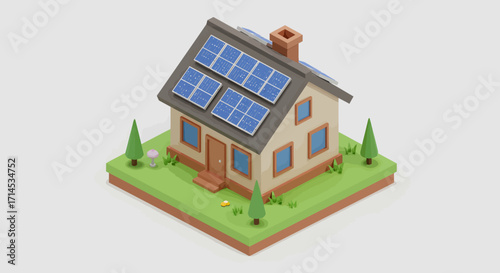 Low-poly isometric illustration of a house with solar panels on its roof, situated on a small green lawn against a plain white background, showcasing a sustainable