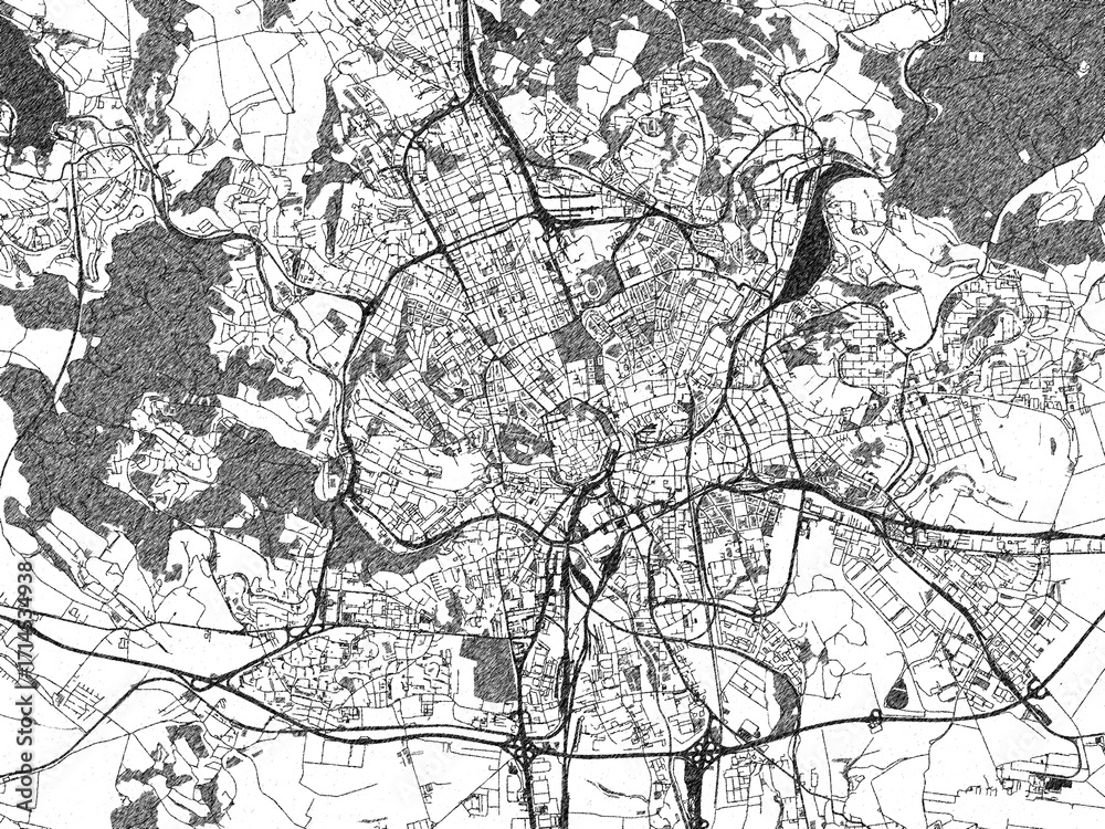 Naklejka premium Decorative monochrome illustration of Brno, Czechia, showing its detailed grid.