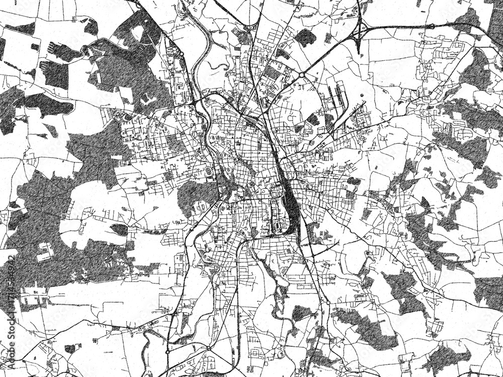 Naklejka premium Decorative black and white map of Ceske Budejovice - Budweis, Czechia, rendered in sketch-like style.
