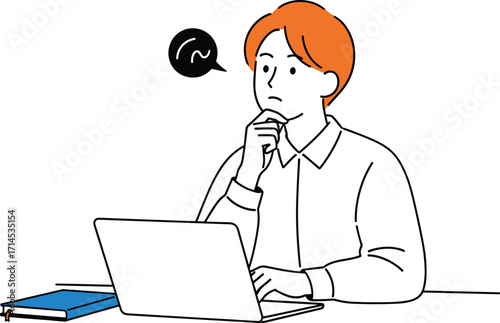 Cartoon illustration of person with orange hair, sitting at desk with laptop, thoughtful expression, confusion concept, problem solving, work, study, lifestyle, vector