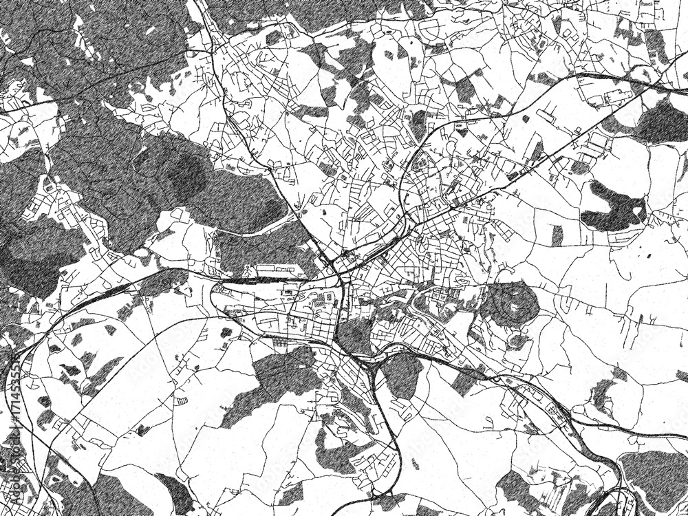 Fototapeta premium Illustrated city map of Teplice, Czechia, in black and white, showing roads and textures.