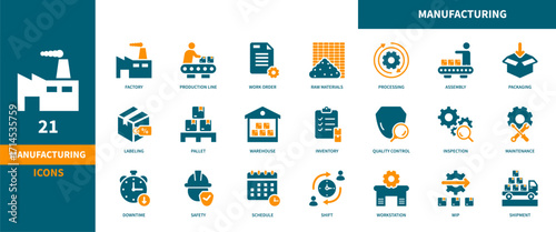 Manufacturing icon set. Containing factory, production, assembly, machine, and industrial process icons. Solid icon collection.