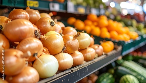 Close-up image capturing a display of onions in a grocery store, alongside other fresh produce on shelves, with a soft background