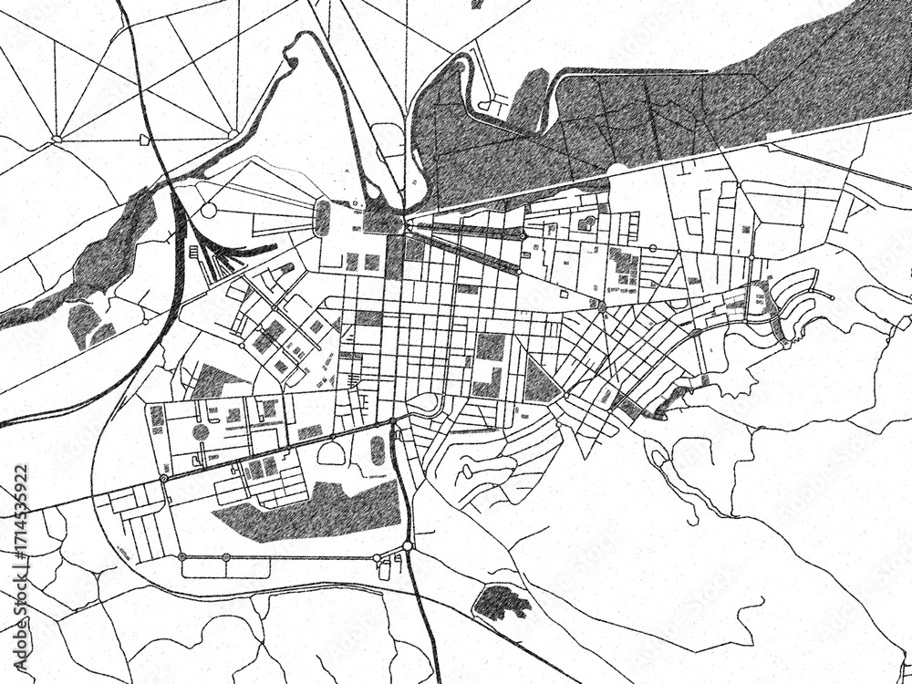 Naklejka premium Hand-drawn black and white city map of Aranjuez, Spain, ready for wall art or editorial projects.