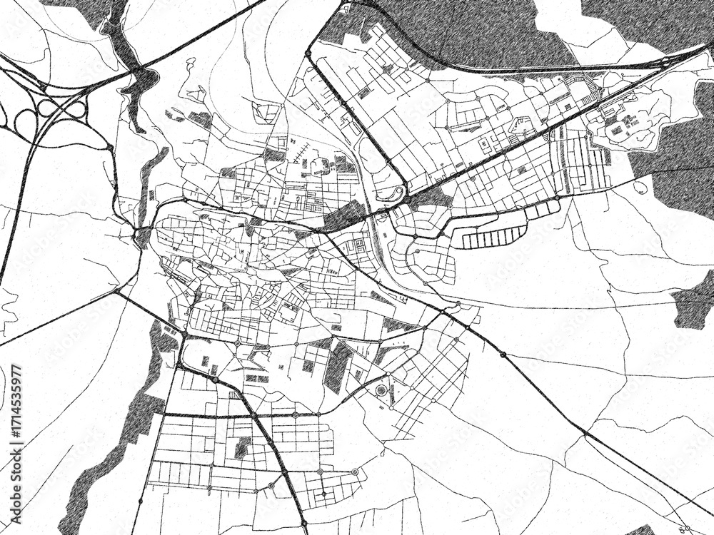 Naklejka premium Black and white cartographic illustration of Avila, Spain, in hand-drawn sketch form.