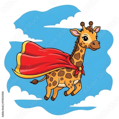 Superhero giraffe soaring through the sky with bright red cape, cartoon fun