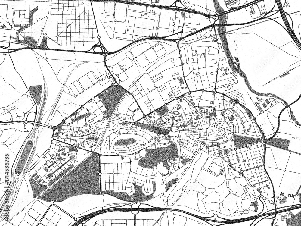Naklejka premium Stylized decorative city map of Coslada, Spain, hand-drawn in black and white.