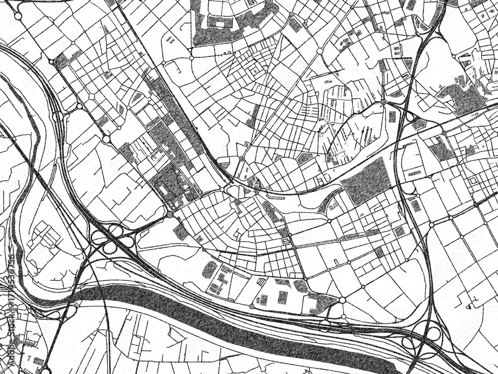 Naklejka premium Black and white illustrated map of Cornella de Llobregat, Spain, with streets, rivers, and neighborhoods.