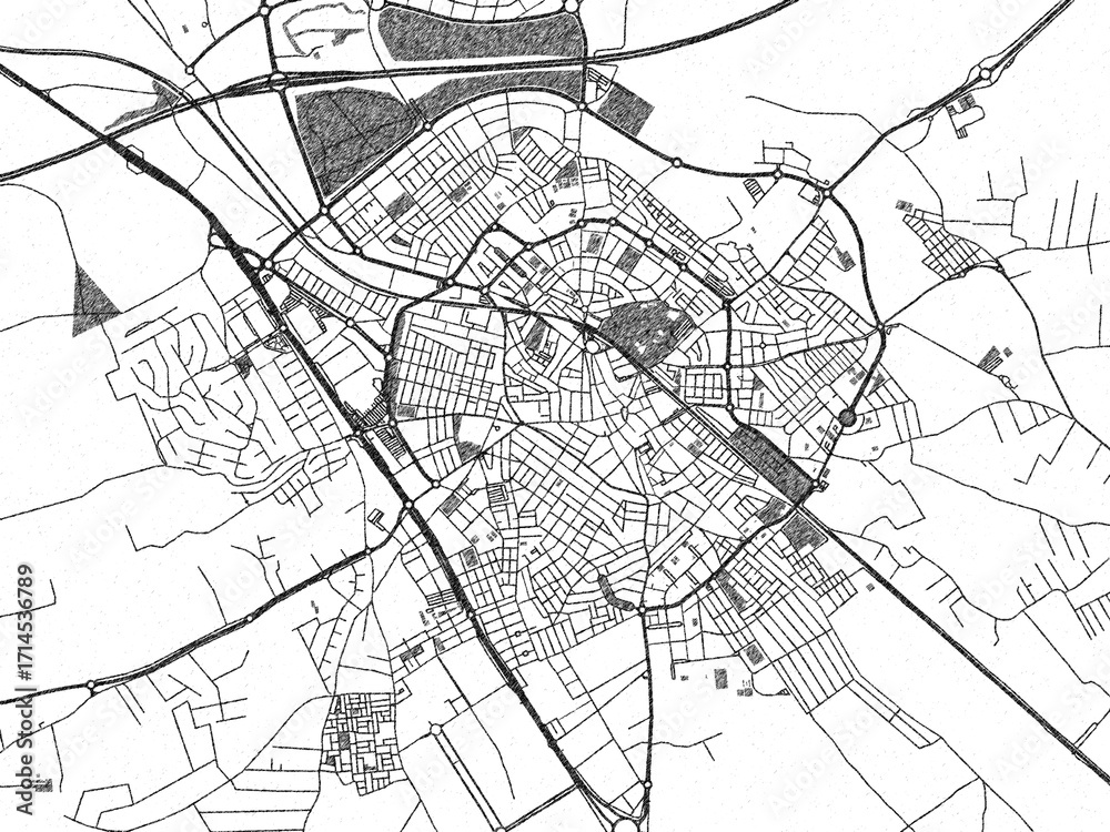 Naklejka premium Poster-ready black and white illustration map of Dos Hermanas, Spain, detailed and artistic.