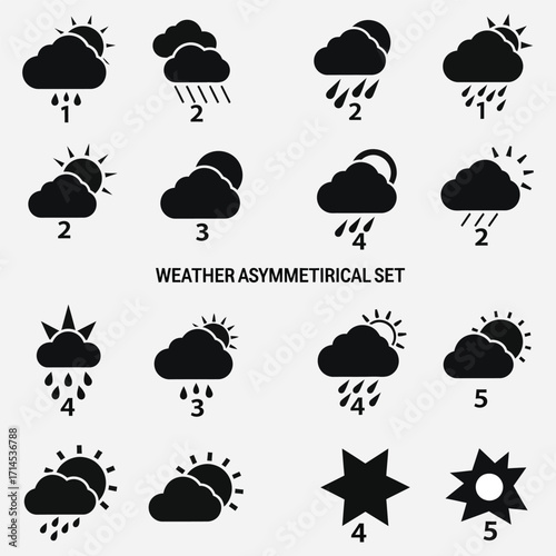 Weather Asymmetrical Set Vector illustrations of diverse cloud formations and solar symbols