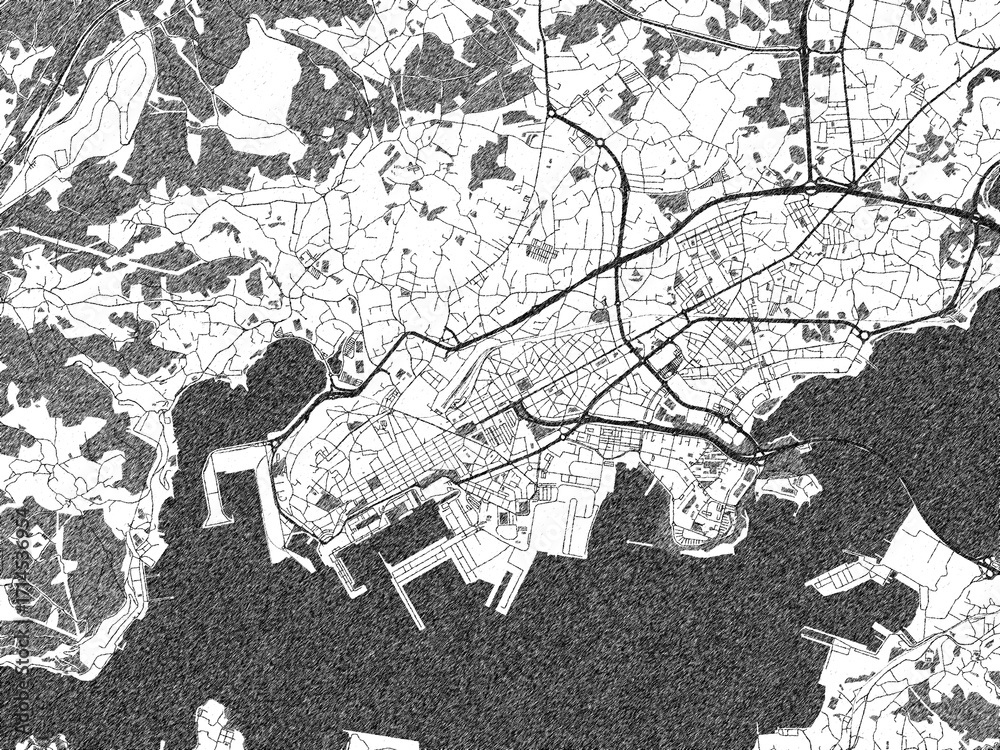 Fototapeta premium Decorative black and white map of Ferrol, Spain, rendered in sketch-like style.