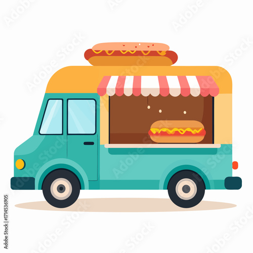 A vibrant teal and orange food truck selling hot dogs.