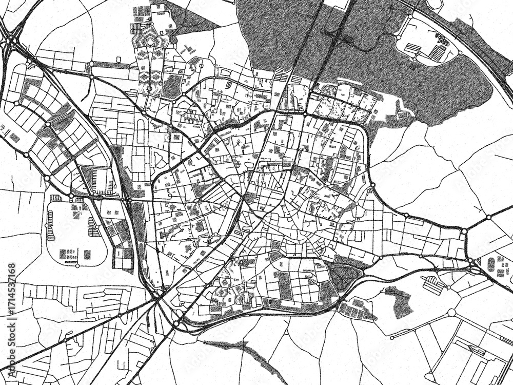 Naklejka premium Artistic monochrome city map of Fuenlabrada, Spain, created in a hand-drawn style.