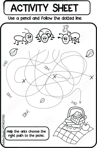 Hoja de actividades divertidas de laberinto de hormigas, perfecta para que los niños aprendan habilidades de resolución de problemas y pensamiento visual.