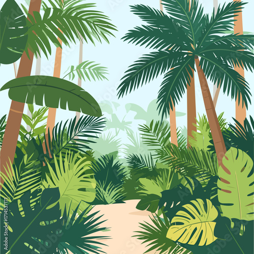 Exotic Jungle Landscape with Various Palm and Monstera Leaves.