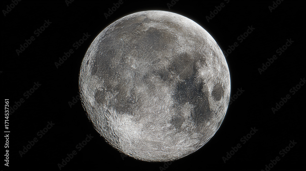 Obraz premium crater. The moon's rugged surface shines in stark detail against the vast darkness of space, a celestial marvel. STEM education sheets.