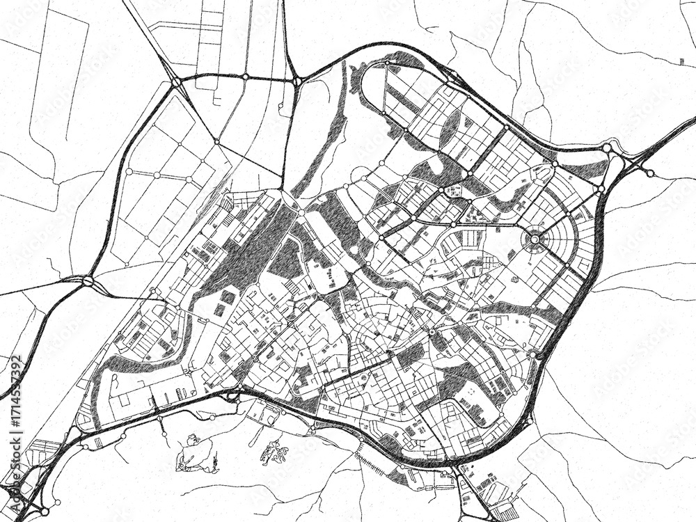 Naklejka premium Stylized decorative city map of Guadalajara, Spain, hand-drawn in black and white.