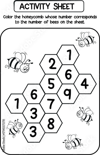 Ficha de actividades divertidas con panales y abejas para que los niños aprendan a contar los números con juegos educativos y divertidos.