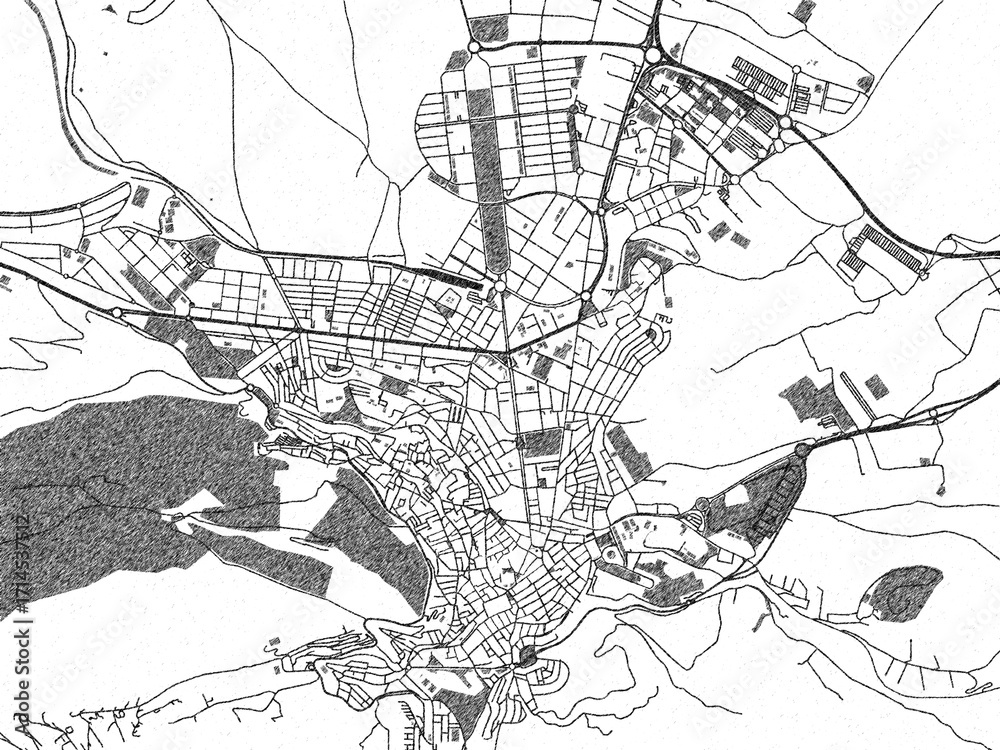 Naklejka premium Hand-drawn black and white city map of Jaen, Spain, ready for wall art or editorial projects.
