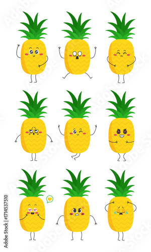 Pineapple mascot emoji set. Cute cartoon pineapple character icon set. Vector illustration
