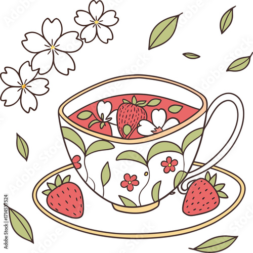 A decorative vector illustration set with a cup of hot tea and coffee beans, perfect for a vintage cafe breakfast menu or a kitchen card design