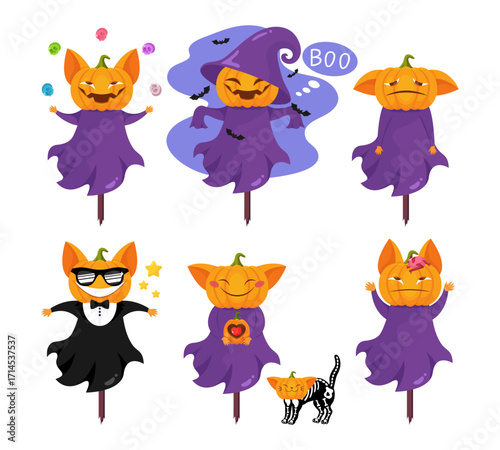 Set of pumpkin scarecrow characters. Cute Halloween pumpkin mascot emoji set. Vector illustration