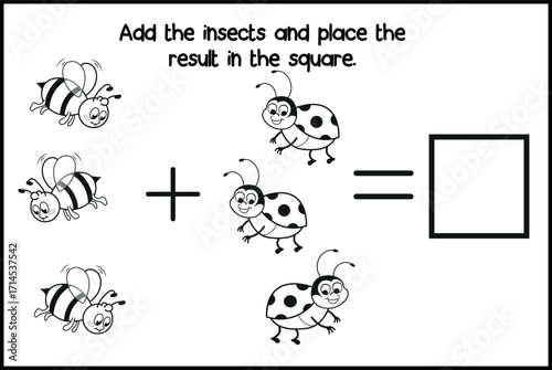 Divertida hoja de actividades de aprendizaje de matemáticas con adorables dibujos de abejas y mariquitas para la educación de los niños.