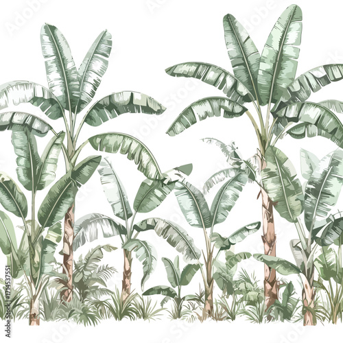 lush green banana palm trees tropical foliage.
