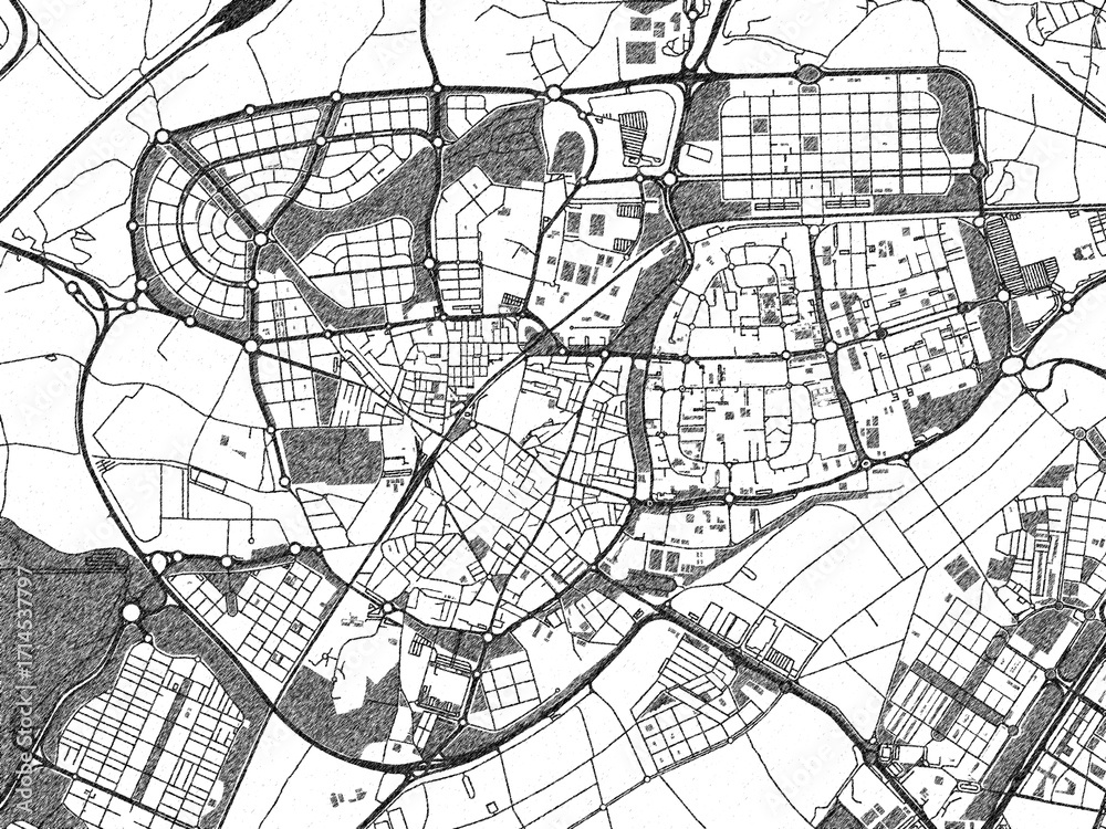 Naklejka premium Decorative black and white map of Leganes, Spain, rendered in sketch-like style.