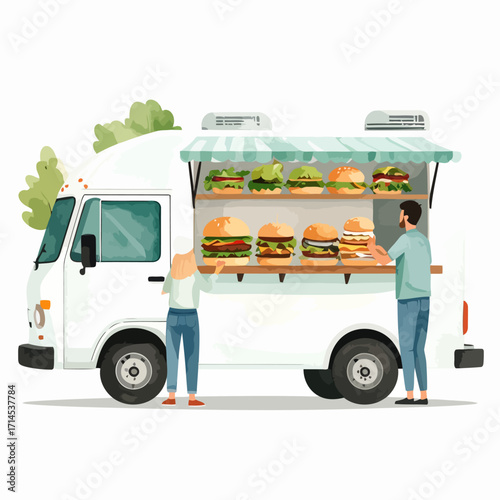 food truck with burgers and customers.