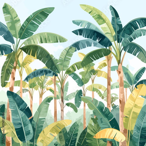 lush tropical banana trees, vibrant green foliage, tropical paradise.