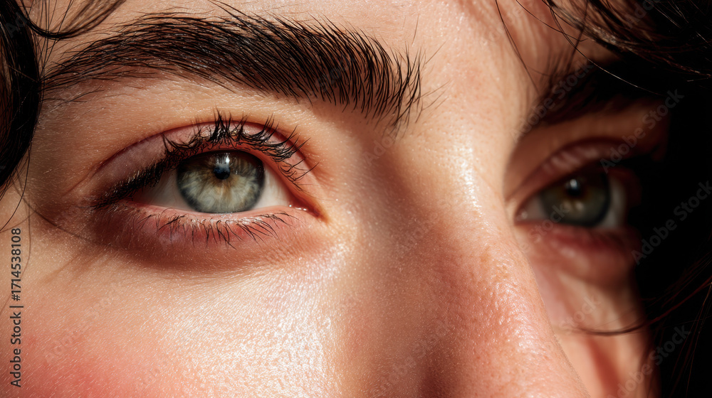 Fototapeta premium Close up view of person eyes, showcasing striking blue irises and well defined eyebrows. skin appears smooth and radiant, highlighting natural beauty and detail of eyes