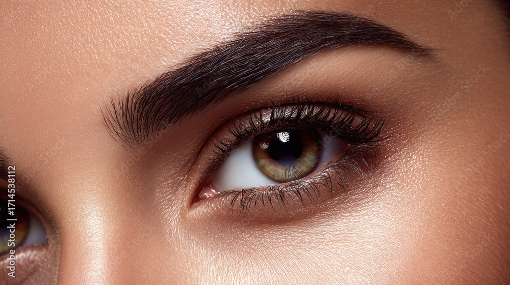 Fototapeta premium Close up of woman eye showcasing detailed eyelashes, well groomed eyebrows, and natural skin tone. eye reflects sense of beauty and elegance, highlighting intricate features of face