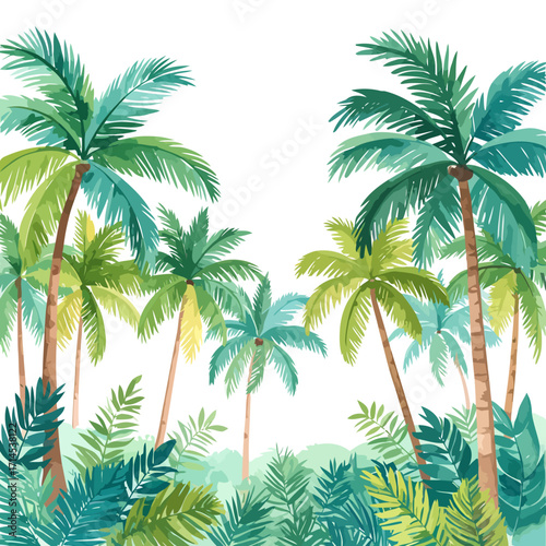 Watercolor painting of lush green palm trees and tropical foliage.
