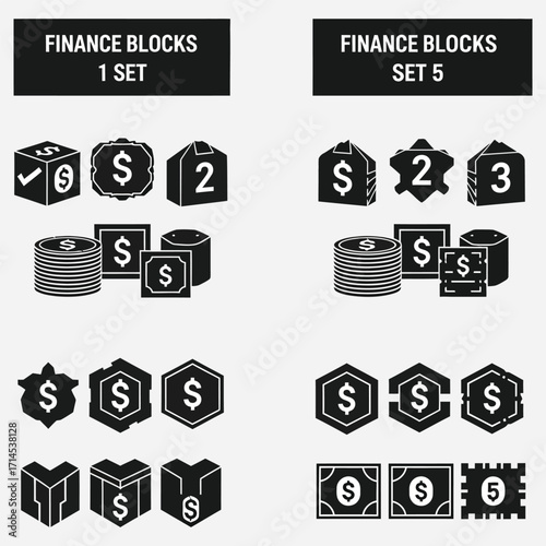 Diverse Collection of Monochrome Financial Block Icons Representing Currency, Investment, and Economic Concepts in a Modern Vector Design