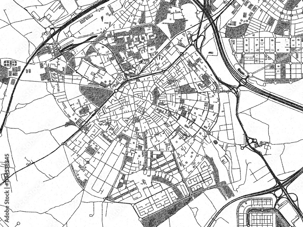 Naklejka premium Black and white cartographic illustration of Mostoles, Spain, in hand-drawn sketch form.