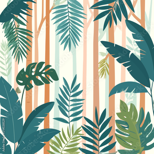Tropical plants with large leaves in a jungle setting with striped background.