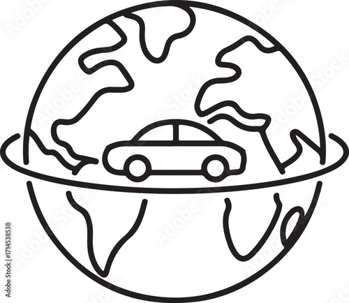 Car driving around the outline of the earth globe