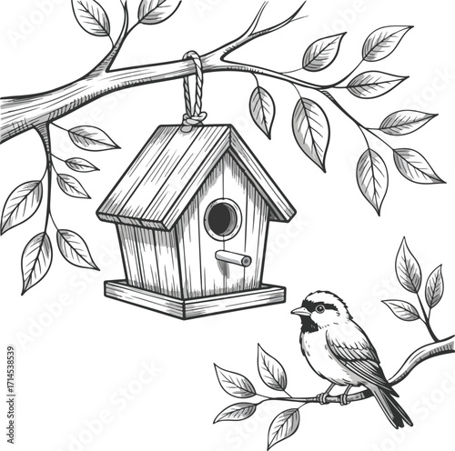 A cozy wooden birdhouse hangs from a tree branch, offering a small home for a feathered friend