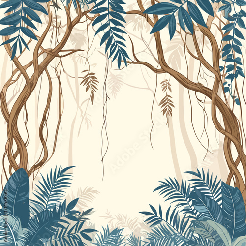 Illustrated Jungle Frame with Tropical Leaves and Vines.