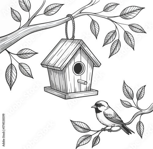 A charming, handmade wooden birdhouse with a sloped roof hangs on a tree branch, providing a cozy home for a small bird in the spring