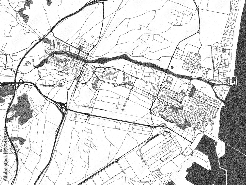 Obraz premium Poster-ready black and white illustration map of Sagunto, Spain, detailed and artistic.