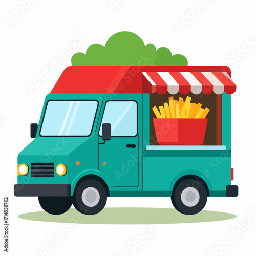 Colorful food truck with fries ready to serve customers delicious meals.