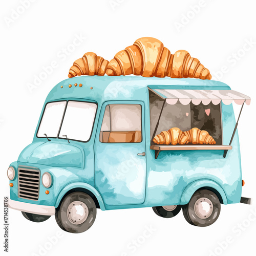 Charming Blue Food Truck Topped with Croissants, Watercolor Illustration.
