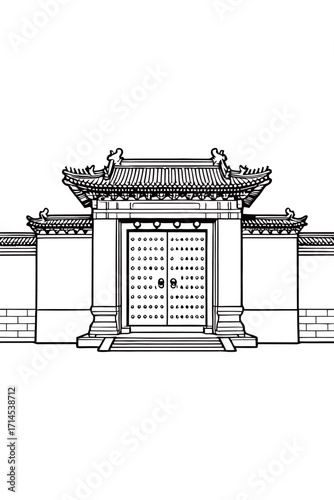 Traditional Chinese ancient palace gate or temple entrance building with intricate details.