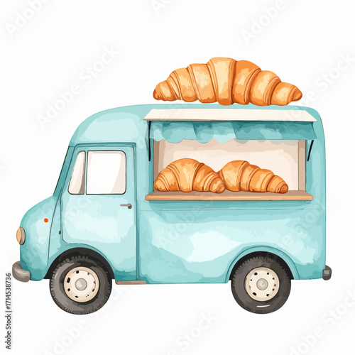 blue food truck with croissants.